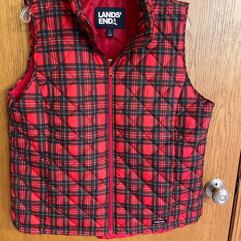 Lands' End Red Plaid Puffer Vest